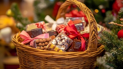 Basket filled with assorted chocolates and sweets.