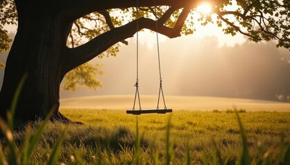 A solitary wooden swing hanging from a large