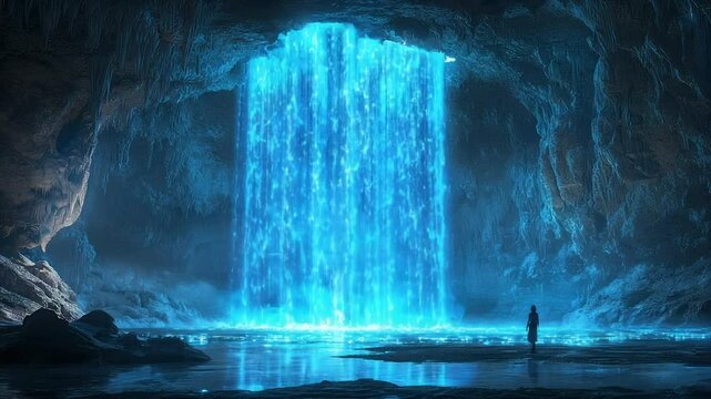 Glowing waterfall in a mystical cave