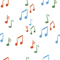 Chalk Textured Music Notes Seamless Pattern. Musical Note Signs. Treble Clef. Kids pencil scribble symbols. Freehand pastel childish hand drawn. School paintbrush doodle. Vector illustration isolated