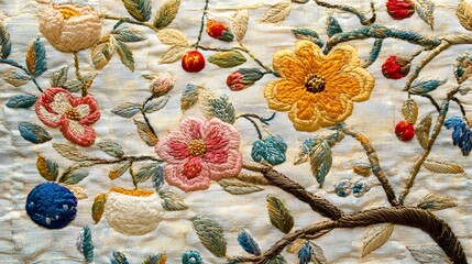 Ornate embroidered floral design on a light beige fabric.