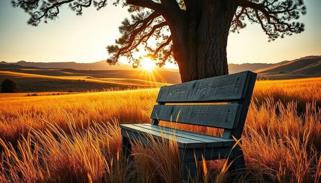 A wooden park bench sits in a field of tall golden grass next to a large tree