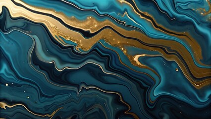 Fototapeta premium Abstract art with swirling teal and gold paint creating a fluid marble effect design