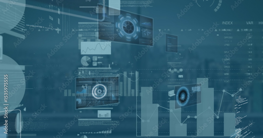 Poster hovering data interface overlaying skyline view with panels showing charts, readouts, hud elements