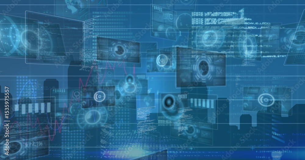 Poster displaying floating digital panels over blue city skyline, with scanning icons and code snippets