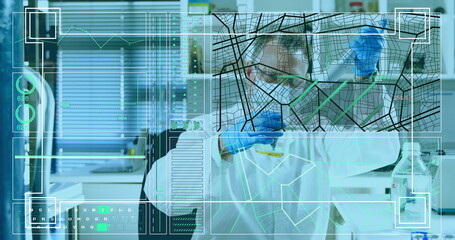 Examining scientist wearing lab coat analyzing yellow test tube in lab, with digital data overlays