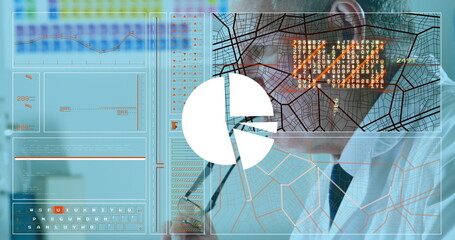 Gazing professional in lab coat studying displays with network overlays at control room, copy space