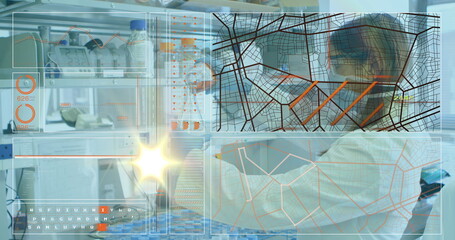 Operating Indian scientist in lab coat and gloves using pipette at lab bench, copy space