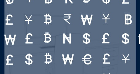 Displaying blue overlay showing white currency symbols at office desk, with bitcoin and currencies