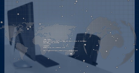 Displaying closed laptop and monitor on desk in office, with floating code and world map overlays