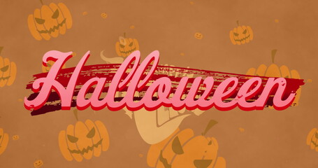 Displaying Halloween script text over red brushstroke in digital poster, with pumpkin illustrations