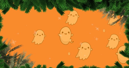 Floating kawaii ghost characters drifting on orange background, with pine frame and snowflakes