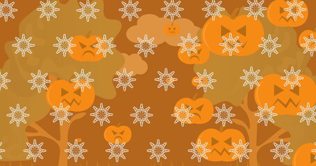 Displaying carved jack-o-lantern pumpkins over tree silhouettes in pattern, with white star motifs