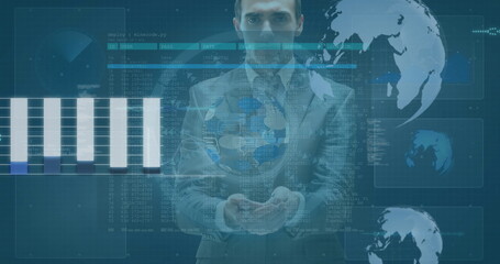 Standing businessman in gray suit in data hub, with holographic globe and data overlays