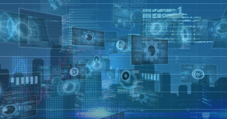 Displaying floating digital panels over blue city skyline, with scanning icons and code snippets