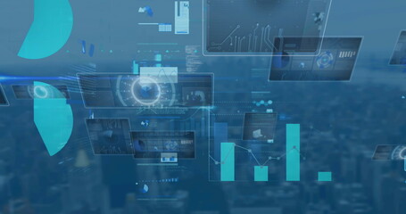 Displaying translucent digital panels floating above city skyline, with pie charts and bar graphs