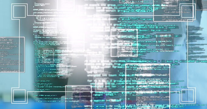 Showing blurred man wearing collared shirt in office, with code overlay and highlight boxes