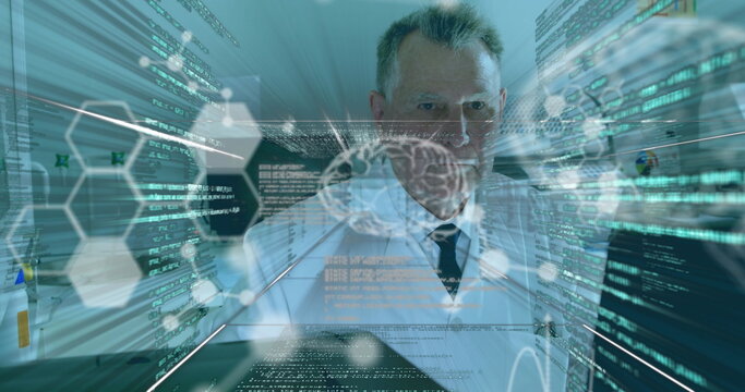 Analyzing senior scientist in lab coat examining holographic brain model in lab with code lines