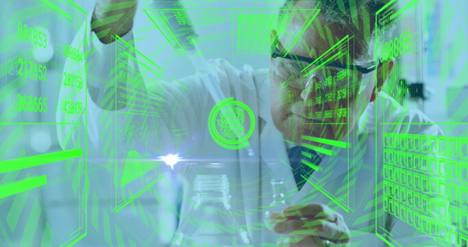 Scientist wearing lab coat, goggles conducting experiment in lab with holographic panels, glassware