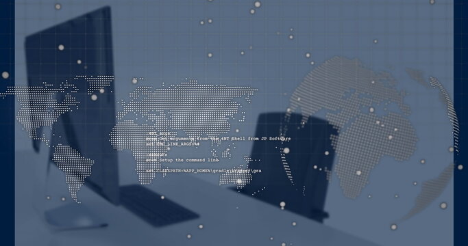 Displaying closed laptop and monitor on desk in office, with floating code and world map overlays