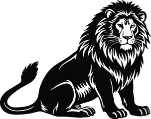 Sitting Lion Vector Illustration, Bold Black Silhouette of Majestic Male Lion
