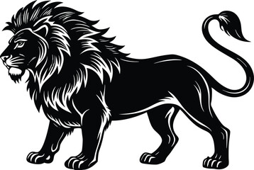 Standing Lion Vector Illustration, Bold Black Silhouette of Majestic Male Lion
