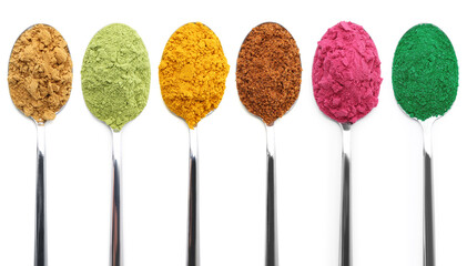 Different superfood powders in spoons on white background, collage. Top view