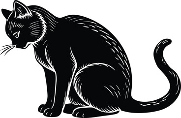 Sitting Black Cat Silhouette Illustration in Vintage Engraved Style