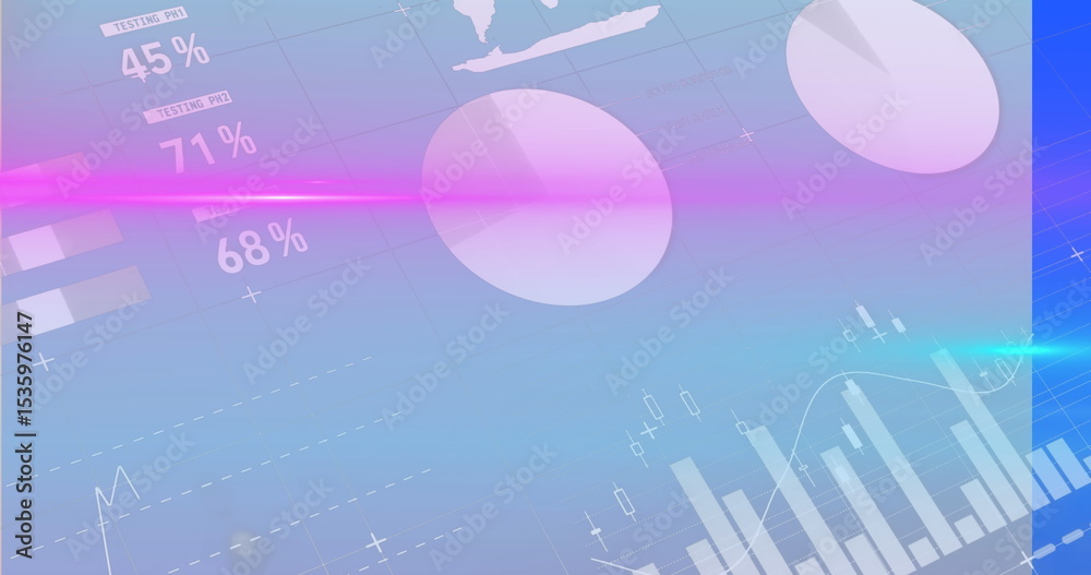 Fototapete displaying 3d spheres floating over analytics ui, with percentage labels, testing bars, pink streak