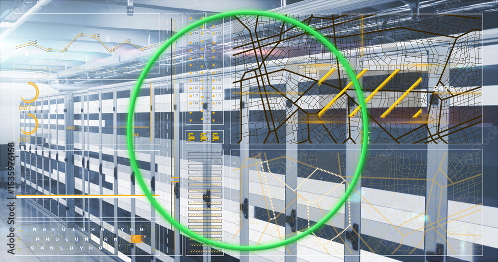 Poster displaying server racks showing digital network overlay in data center, highlighting connectivity