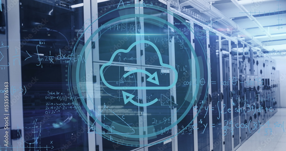Poster showing translucent cloud computing icon floating above data center corridor, lined by server racks
