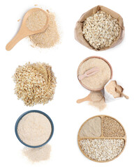Oat bran, whole grains and rolled flakes isolated on white, set. Top view