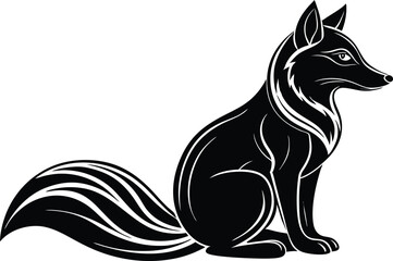 Sitting Fox Silhouette, Elegant Black Vector Design of a Fox with Fluffy Tail and Sharp Eyes
