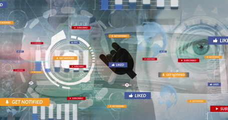 Clicking black stylized hand icon activating LIKED button at control center, with notification tags