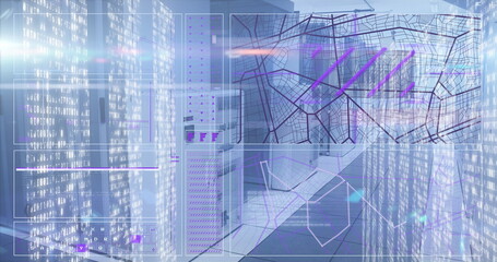 Showing digital UI panels overlaying server room, with LED racks, switch panels, map, code charts