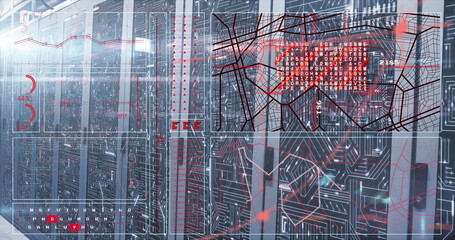 Glowing server cabinets lining data center corridor, with blinking lights and digital overlays