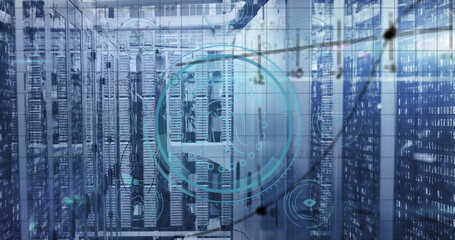 Central server rack unit showing holographic network graphics in data center, with LED indicators