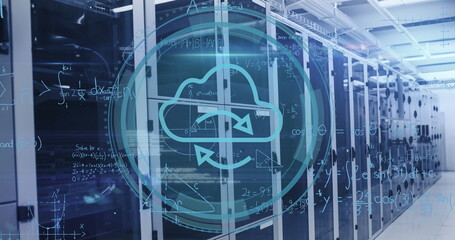 Showing translucent cloud computing icon floating above data center corridor, lined by server racks