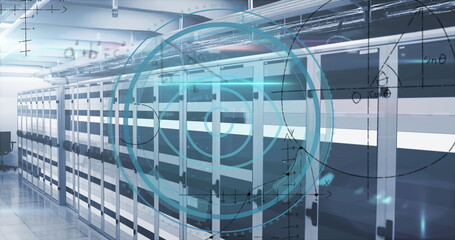 Displaying server racks lining server room corridor, showing cabling, LED lights, interface overlay