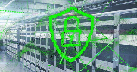 Shielding green digital shield icon protecting data in secure data center, with server racks