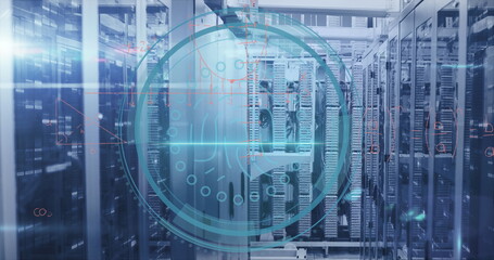 Showing rack corridor glowing with LED lights and cables in data center, with digital HUD overlay