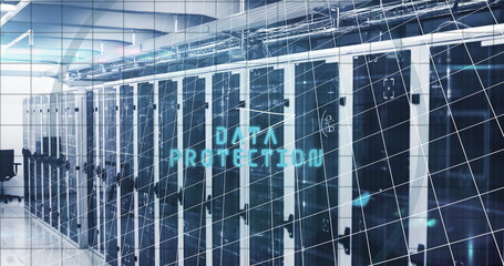 Displaying data protection overlay across data center aisle, with server racks and LED indicators