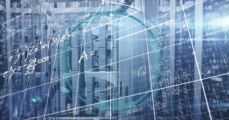 Showing server rack with equations, network cables and cloud icon in data center, with blue LEDs