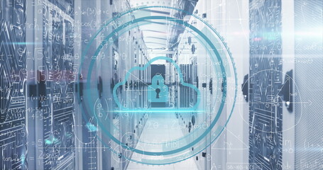 Floating digital cloud security icon overlaying data center corridor with server racks