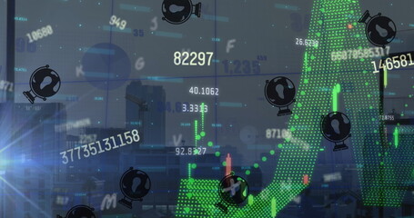 Displaying green dotted arrow over city skyline at dusk, with candlestick bars and financial values