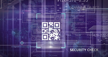 Displaying security UI featuring QR code scanning brackets, data streams, text labels and gridlines