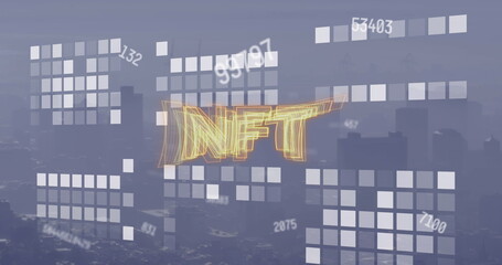 Floating golden wireframe NFT hovering over skyline at dusk with translucent grids and numeric data
