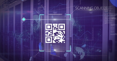 Scanning white QR code inside turquoise brackets in data center, with server racks and overlays