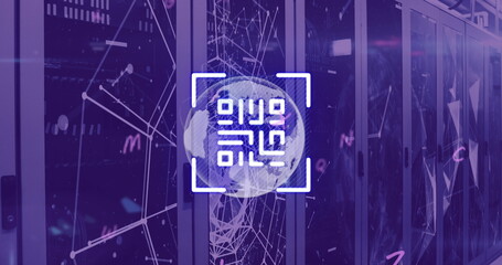 Displaying digital globe rotating in data center aisle, with server racks and scanning square frame