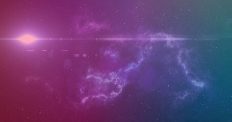 Fototapeta premium Glowing purple-teal nebula cloud glimmering in space, with horizontal lens flare and distant stars